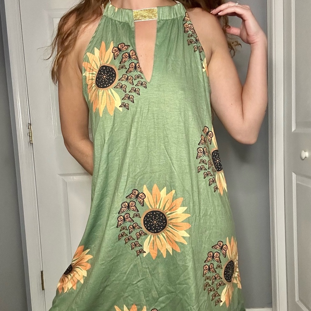 Green Sunflower Halter Dress